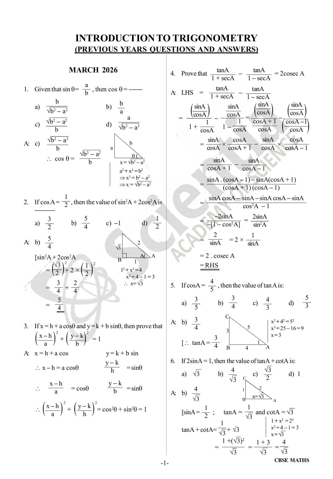 CBSE Class 10 Mathematics – Trigonometry  PYQs & Detailed Solutions 2018–2026